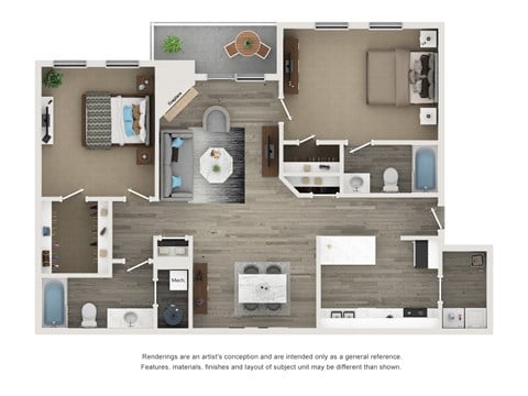 Floor plan for 2 beds, 2 baths, 1100 sqft